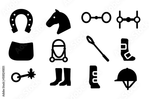 Equestrian equipment icons set in black silhouette style for horse riding