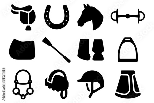 Silhouette icons of equestrian equipment: saddle, bridle, helmet, and more