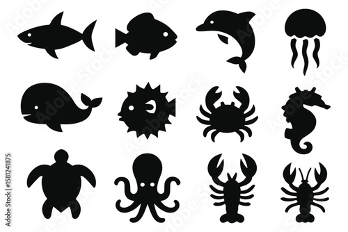 Silhouette icons of marine life: fish, mammals, and invertebrates