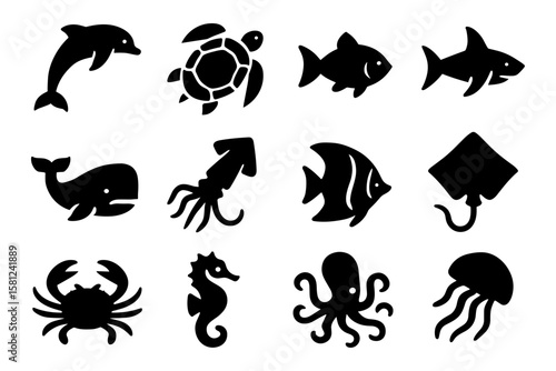 Marine life silhouettes: diverse ocean creature icons for creative design