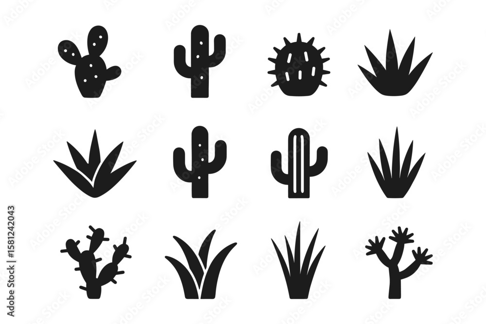 Fototapeta premium Silhouette set of various cactus and succulent icons for design