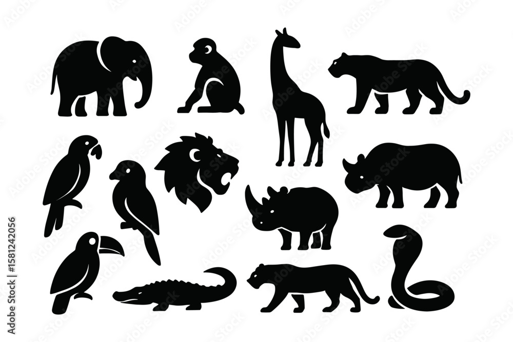 Fototapeta premium African wildlife silhouettes featuring diverse animals on white background