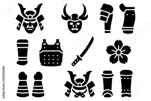 Samurai icons set: traditional japanese armor and weaponry silhouettes