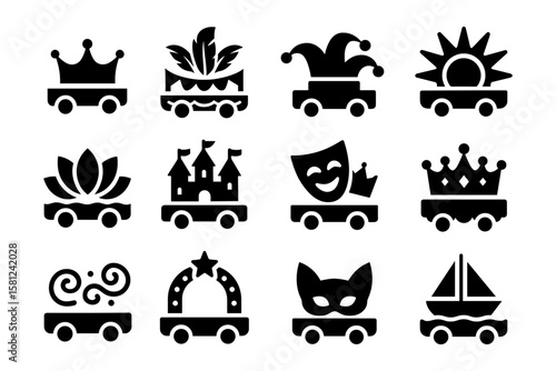 Festival parade icons set: royal, theater, and nautical themes