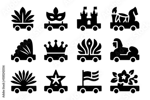 Silhouette parade floats: carnival icons on wheels