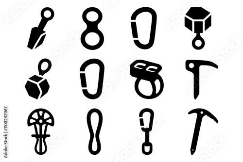 Essential mountain climbing equipment icons in bold silhouette style