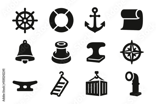 Nautical icons collection: maritime symbols in black silhouette style