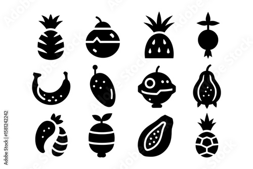 Minimalist tropical fruit icons set in black and white silhouette style
