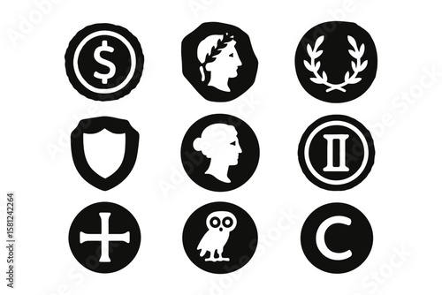Collection of ancient coin icons featuring classic symbols in black silhouette style
