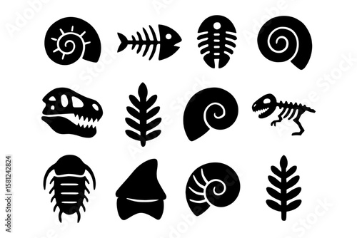 Fossil silhouettes: prehistoric icons featuring dinosaurs and shells