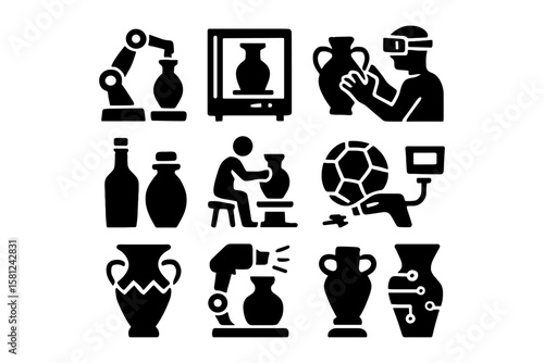 Silhouette icons of pottery creation and augmented reality technology