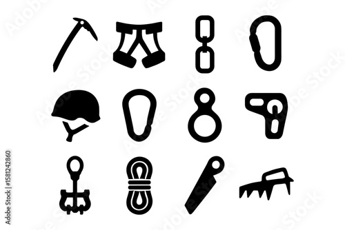 Climbing equipment icons set: essential tools for outdoor adventures