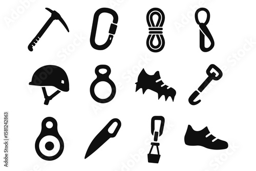 Essential silhouette icons of rock climbing equipment for adventure enthusiasts