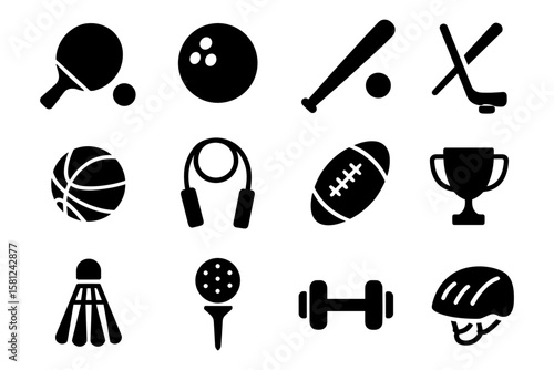 Set of black sports icons: ping pong, basketball, fitness, more