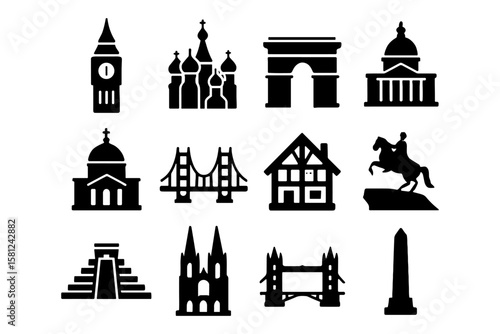 Famous monument silhouettes from around the world in black and white