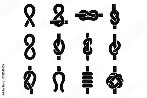 Collection of black silhouette rope knots: nautical and climbing essentials