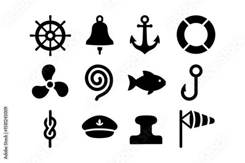 Nautical icon set featuring maritime symbols in simple style