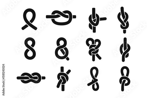 Collection of black knot icons: variety of rope knots in flat design