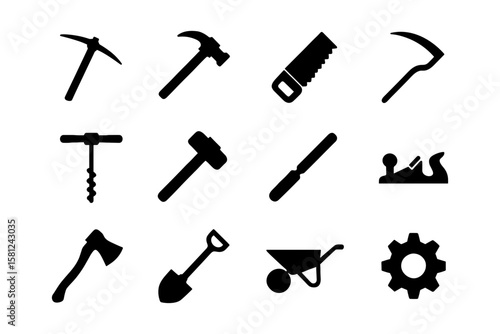 Silhouette icons of essential hand tools for diy and gardening projects