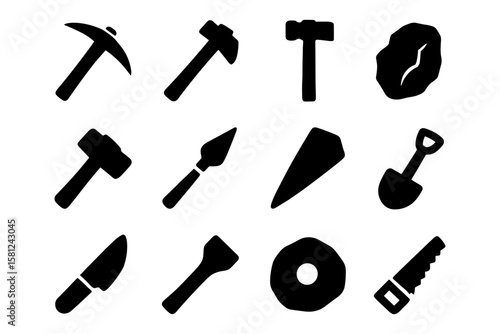 Collection of silhouette mining and construction tools icons