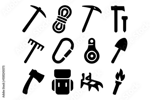 Silhouette icons of essential mountaineering tools and equipment for adventure enthusiasts