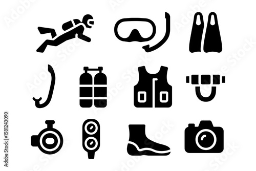 Diving gear icons: silhouette design of snorkels, masks, fins, and more