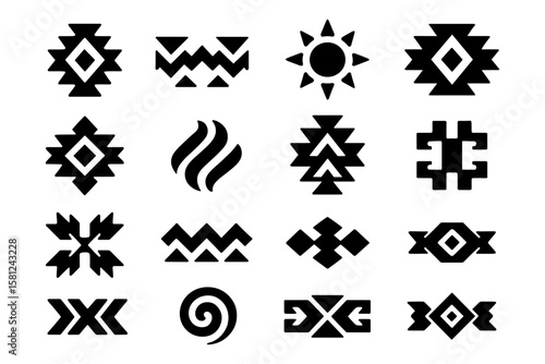 Bold geometric aztec icons set featuring traditional tribal motifs