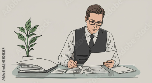 Vector illustration of a dedicated male employee focused on paperwork, planning and signing documents in a workplace