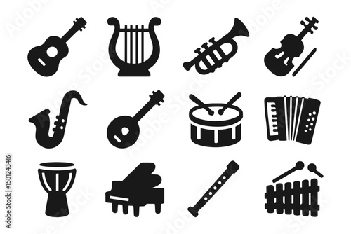 Silhouette set of musical instruments in black and white icons