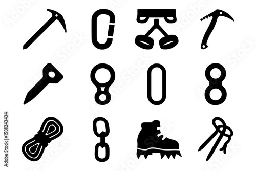 Silhouette set of essential climbing gear icons for outdoor enthusiasts