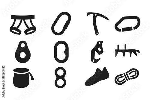 Rock climbing gear icons: essential equipment set in silhouette style