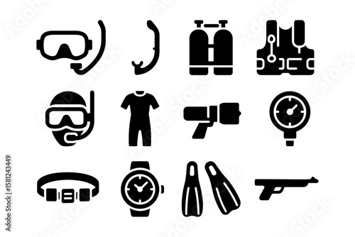 Diving gear icons: essential equipment in bold silhouette style