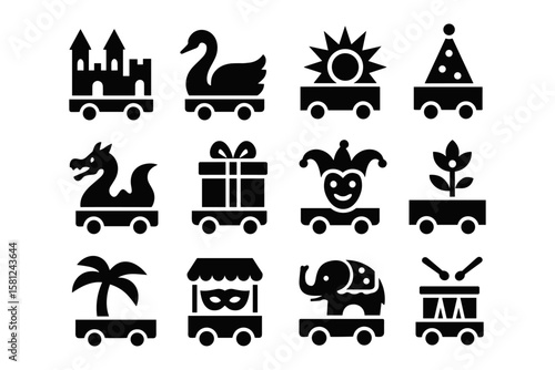 Playful toy parade: monochrome icon set featuring whimsical designs on wheels
