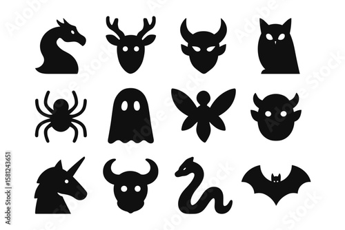 Silhouette icons of mythical creatures and halloween elements