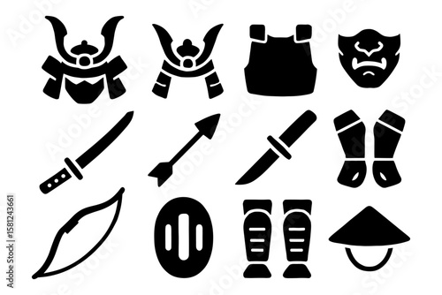 Silhouette icons of samurai gear: helmets, weapons, and armor