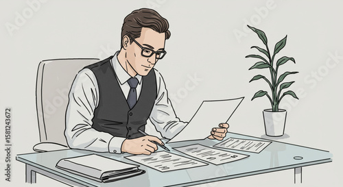 Professional businessman in formal attire sitting at an office desk, diligently reviewing documents and analyzing paperwork.
