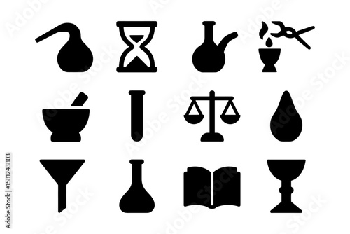 Alchemy icon set: vintage tools and symbols in bold silhouette style