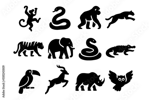 Animal silhouettes collection: diverse wildlife icons featuring mammals, birds, and reptiles