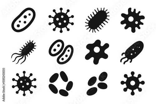 Black silhouette microorganisms set: bacteria and virus icons in simple style