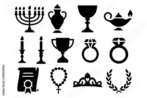 Silhouette icons of ceremonial objects and symbols for celebrations and traditions