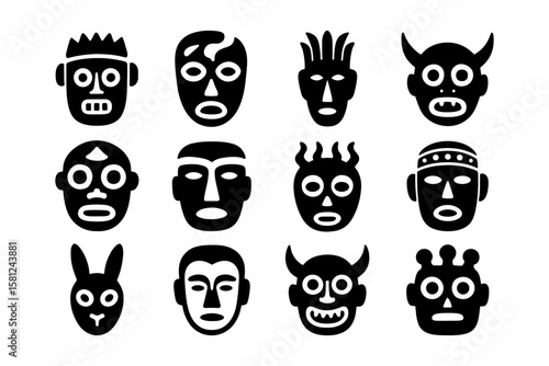 Tribal mask silhouettes: abstract black and white faces in primitive style