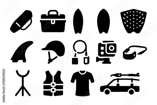 Surfing gear silhouette set: boards, accessories, and equipment icons