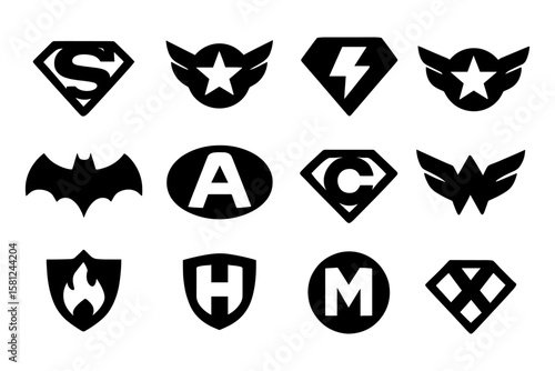 Heroic emblems set: bold black superhero icons in silhouette style