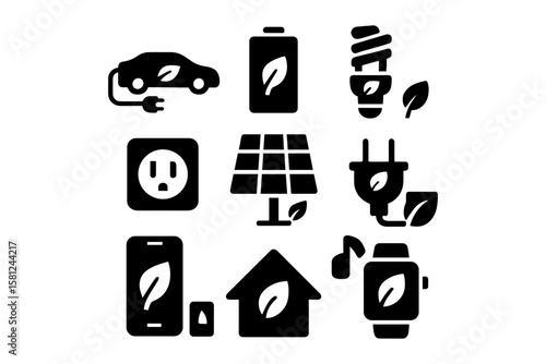 Eco-friendly technology and energy icons set in minimalist silhouette design