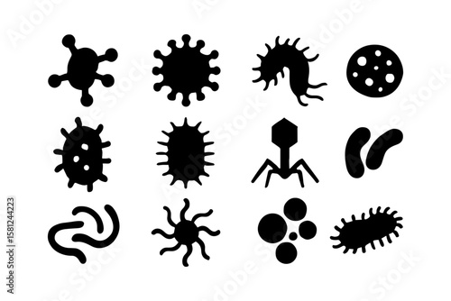 Collection of microorganism silhouettes on white background