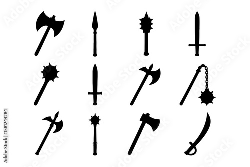 Collection of medieval weapon silhouettes featuring axes, swords, and maces