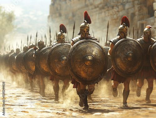 A battlefield scene depicting a phalanx formation of hoplites with their bronze shields shining under the midday sun.