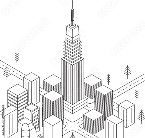 Isometric city skyline with tall skyscraper and trees buildings