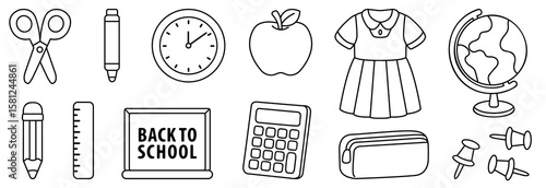 Black and white outline school icon set including uniform notebook pen pencil scissors and bus for coloring and education themes. Vector illustration.