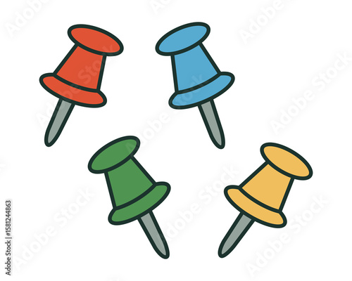 Set of colorful push pins and tacks for notes and bulletin boards, classroom office and planner supplies for school organization. Vector illustration.